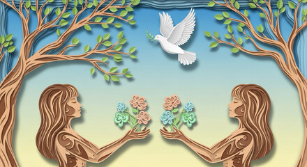 Paper cut art of people exchanging flowers — symbolic of peace and renewal.