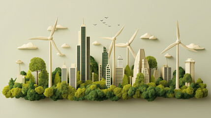 A futuristic city powered entirely by renewable energy with towering wind turbines. Eco-friendly concept, harmony with nature.	
