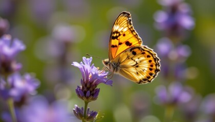 Obraz premium realistic macro photo of a butterfly perched on a lavender flower, bright sunlight and shallow focus