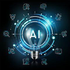 AI Light Bulb Surrounded by Futuristic Icons Representing Artificial Intelligence Innovation and Technology