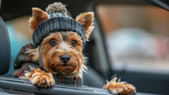 Cute dog wearing a knitted hat enjoys the view from the car window on a chilly day