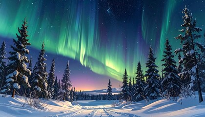 Stunning Aurora Borealis Displays Over a Snowy Forest Landscape at Night