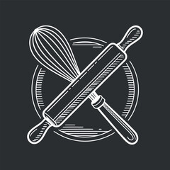 Bakery Design with Rolling Pin Whisk. Hand Drawn Engraving Illustration