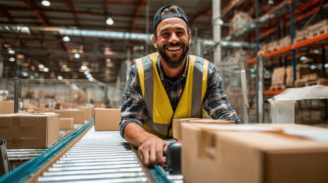 lowangle vertical shot of a worker smiling at the camera while scanning boxes using a barcode reader on a conveyor belt at a distribution warehouse no logos no brands ar 169