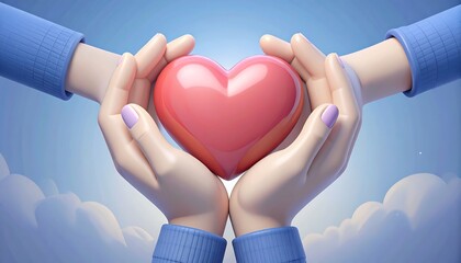 Two hands gently hold a heart against a soft sky