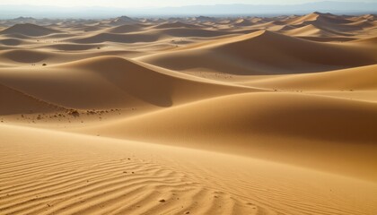 desert landscape with soft sand dunes and wind patterns, sunlight creating long shadows, realistic photography