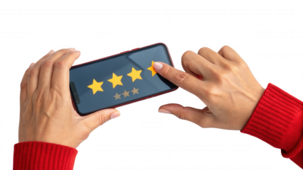 Person s hands holding a smartphone displaying a four star rating isolated on a black background isolated on white background isolated on transparent background