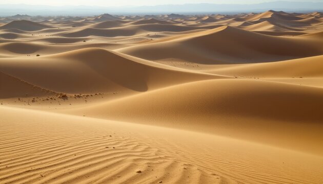 desert landscape with soft sand dunes and wind patterns, sunlight creating long shadows, realistic photography - Powered by Adobe