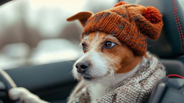 Dog in a cozy hat and scarf sitting in a car on a chilly day