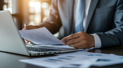 Businessman's hand stamping official documents for approval. Concept of legal authorization, certified paperwork, and professional office or financial institution workflow.