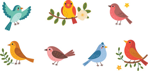 Colorful tropical birds illustration, perched on branches with flowers, nature wildlife vector art design set