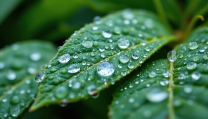 close up of rain droplets on green leaves, macro photography with crystal clear detail, soft lighting