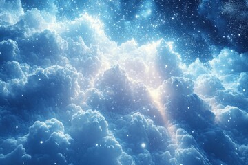 Fototapeta premium Stars twinkle in a deep blue sky peppered with fluffy white clouds.