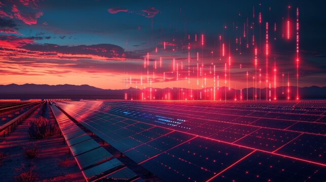 desert solar farm with floating neon stock market data charts, futuristic renewable energy finance visualization