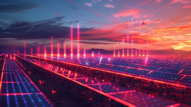 desert solar farm with floating neon stock market data charts, futuristic renewable energy finance visualization
