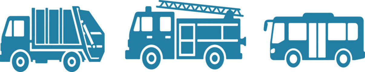 Collection of blue vehicle icons including garbage truck fire engine and bus garbage truck icon