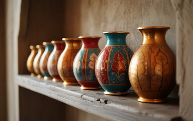 Row of decorative vases on a shelf showcasing traditional patterns and colors ideal for home decor inspiration