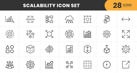 Scalability icon set with business growth, cloud computing, data analysis, process optimization, performance, expansion, technology, development, and strategy with transparent Background.