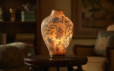 Vintage table lamp with floral pattern glowing warmly in a cozy living room creating a relaxing atmosphere