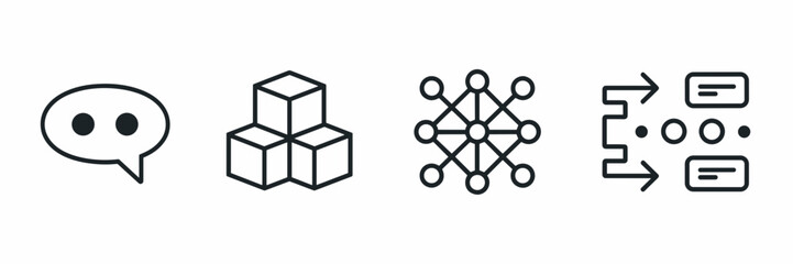 Vector icon sheet of chatbot engineering symbols – Ideal for coding tutorials, AI systems, or digital communication visuals.