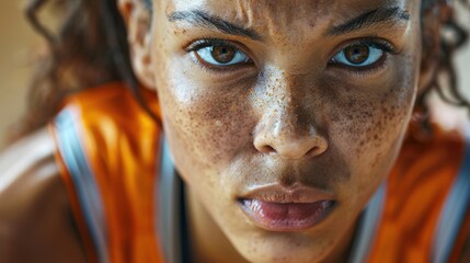 female athlete basketball player with fierce close-up expression, isolated on white