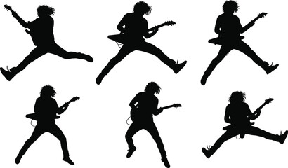 Guitar player silhouette, rock music, electric guitar jump, live concert, musician performance, stage energy, dynamic pose, music show, entertainment, band