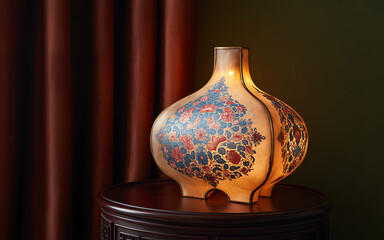 Elegant table lamp with floral design glowing softly on a wooden table creating a warm and inviting atmosphere