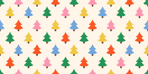 Seamless pattern with red, green, blue, and yellow Christmas trees on a light background. Festive New Year design for wrapping paper, textiles, greeting cards, wallpapers and seasonal xmas projects.
