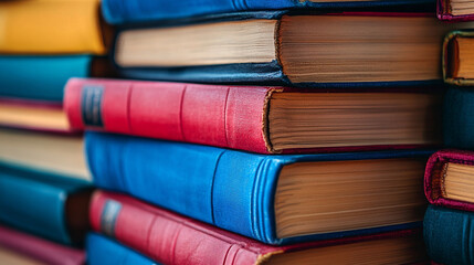 Clean bright books background with stacked hardcover books filling the frame. Selective focus highlights textures and vibrant arrangement of hardbound books.