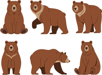Cute brown bear cartoon characters in various poses, wildlife animal illustration set for kids, nature mascot design – cad drawing flat vector illustration