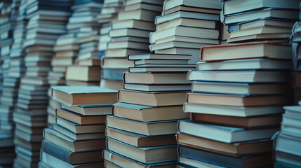 Fototapeta premium Clean bright books background with stacked hardcover books filling the frame. Selective focus highlights textures and vibrant arrangement of hardbound books.