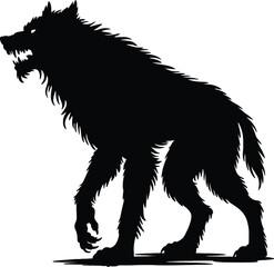 Black wolf in a menacing pose detailed fur and shadow silhouette on transparent background