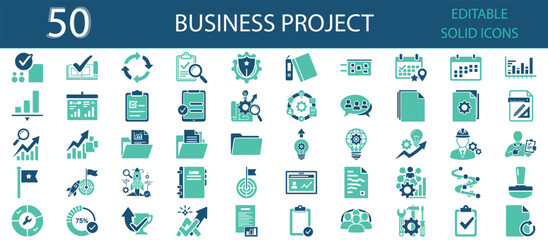 Business project solid fill icons set of 50. Planning, task, report, document, chart, progress, workflow, calendar, growth, and research. Editable glyph icon collection for management and productivity