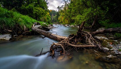 Fallen log across a tranquil mountain stream, surrounded by lush forest