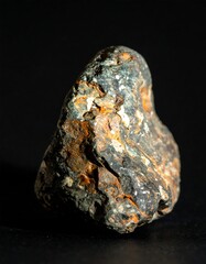 Close-up of a rough, dark stone with variegated colors