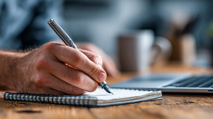 Close-up of a hand writing in a notebook beside a laptop, symbolizing productivity, business planning, journaling, education, and creative thinking in a modern workspace setup.