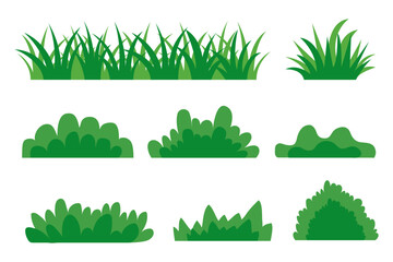 Various shapes of flat style green grass and shrubs. Vector illustration