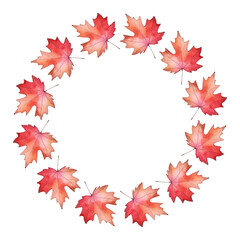 Obraz premium Watercolor round frame of autumn leaves, maple, rowan, birch. Warm tones and simple style make it cheerful and friendly, great for design of stickers, labels, cards.