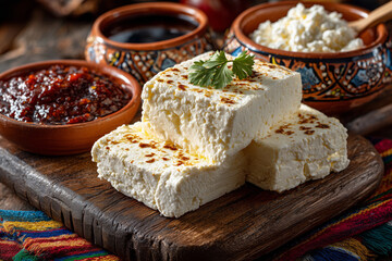 Delicious homemade queso fresco served with fresh toppings and vibrant colors