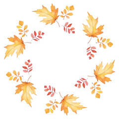 Watercolor round frame of autumn leaves, maple, rowan, birch. Warm tones and simple style make it cheerful and friendly, great for design of stickers, labels, cards.