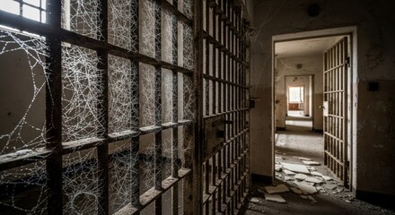 A view of a prison cell with bars covered in cobwebs, looking down a long corridor with more cells.