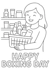 coloring book woman holding cosmetic products with sale tag on boxing day