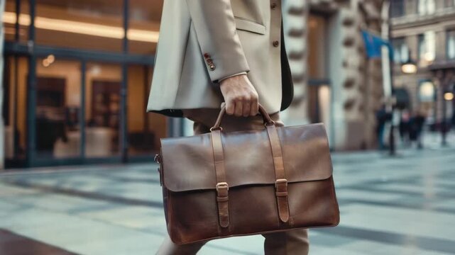 Walking in the city with a stylish brown leather briefcase during the afternoon
