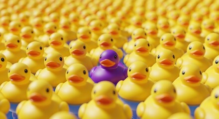 A single purple rubber duck stands out amongst a large group of yellow rubber ducks, creating a visual contrast.