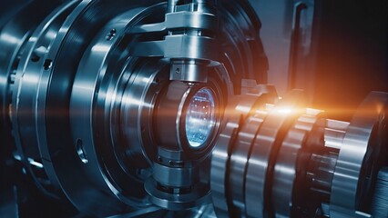 Complex Gear And Optical Lens Assembly In High-Tech Mechanical Unit. Detailed Precision Engineering