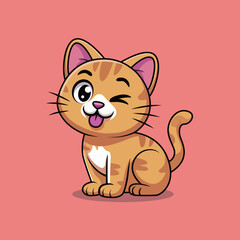 Adorable cartoon tabby cat winking and sticking its tongue out, perfect for kids' illustrations, pet products, or humorous designs; playful charm