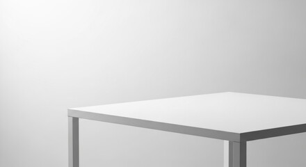 A minimalist image of a white square table against a gradient white background.