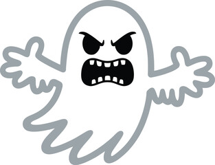 Cute angry ghost cartoon character illustration on transparent background silhouette