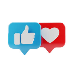 Fototapeta premium Light blue glossy 3D 'Like' icon slightly overlapping a vibrant red 'Love' icon, both speech bubbles with white symbols, on transparent background with copy space, positive social media engagement