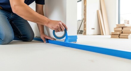 A person applying blue painter's tape to a wall during interior home renovation.